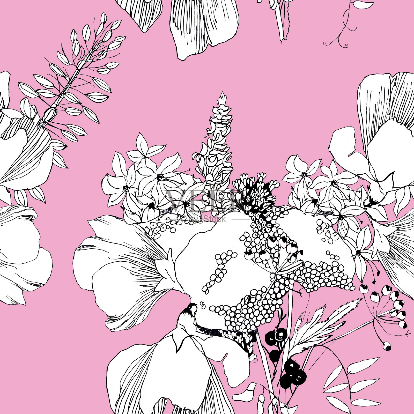 黑白图形花预算上彩色背景无缝图案。插画图片素材