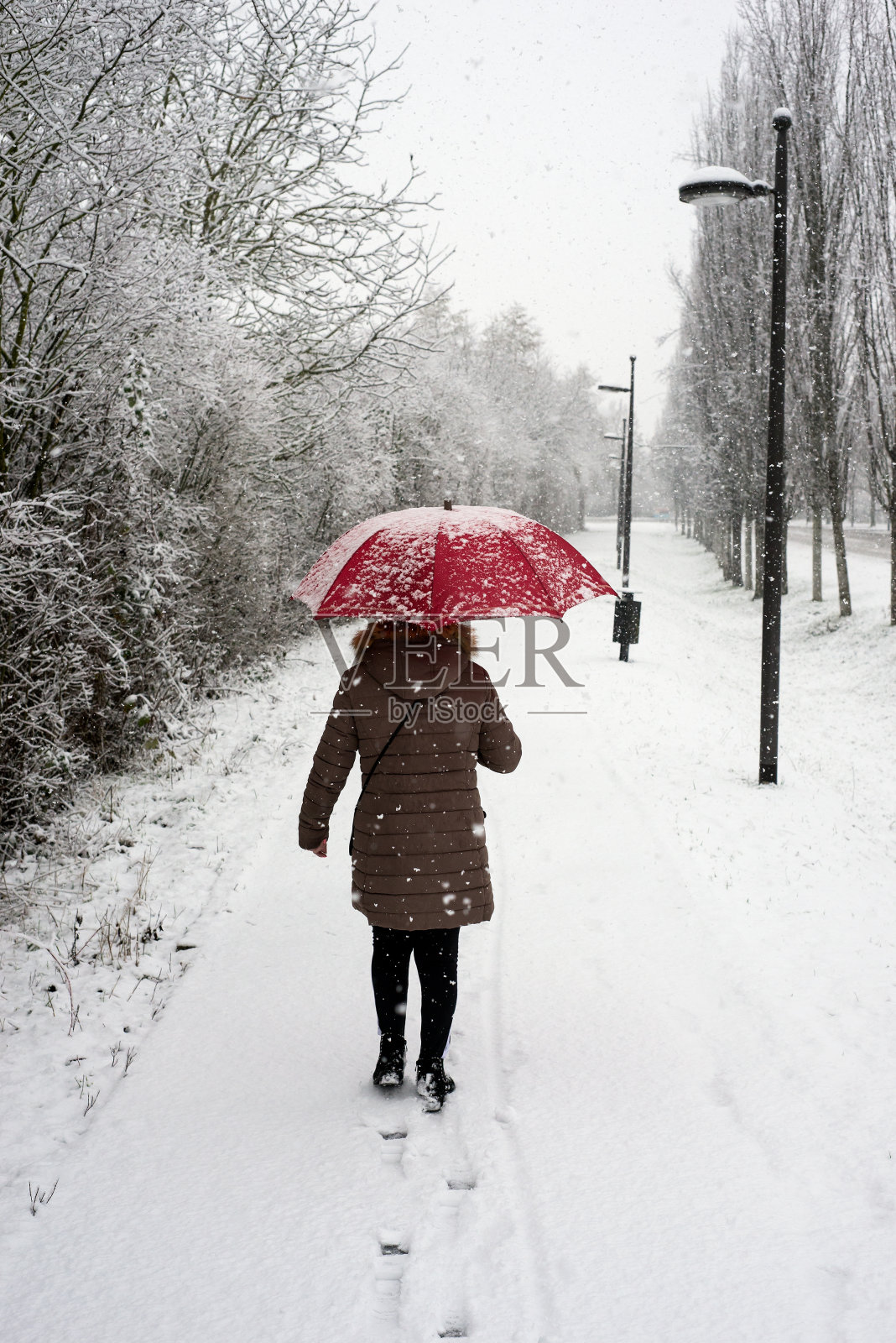 在下雪天拿着一把红伞的女人照片摄影图片