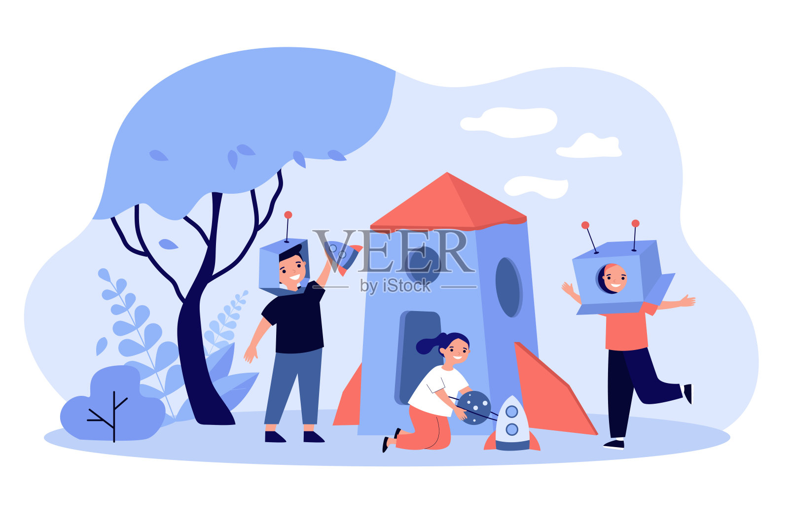 孩子们在户外玩宇航员和外星人插画图片素材