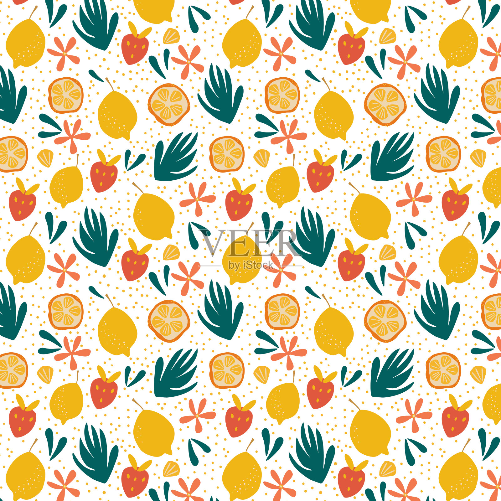 外来水果无缝图案手绘风格。新鲜的柠檬，橘子，草莓和鲜艳的花朵背景。矢量重复背景有利于打印。插画图片素材