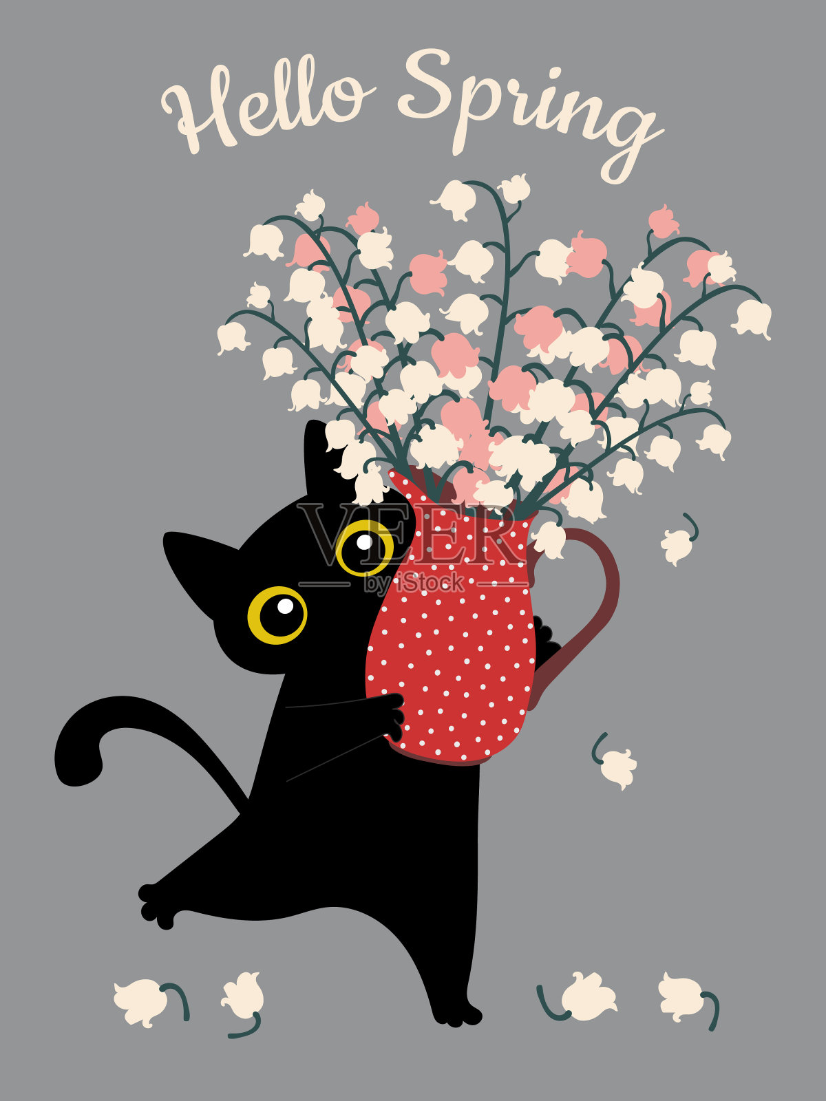 春天贺卡“你好春天”。黑色有趣的猫与一束可爱的百合山谷打印在t恤，枕头，杯子。矢量插图。插画图片素材