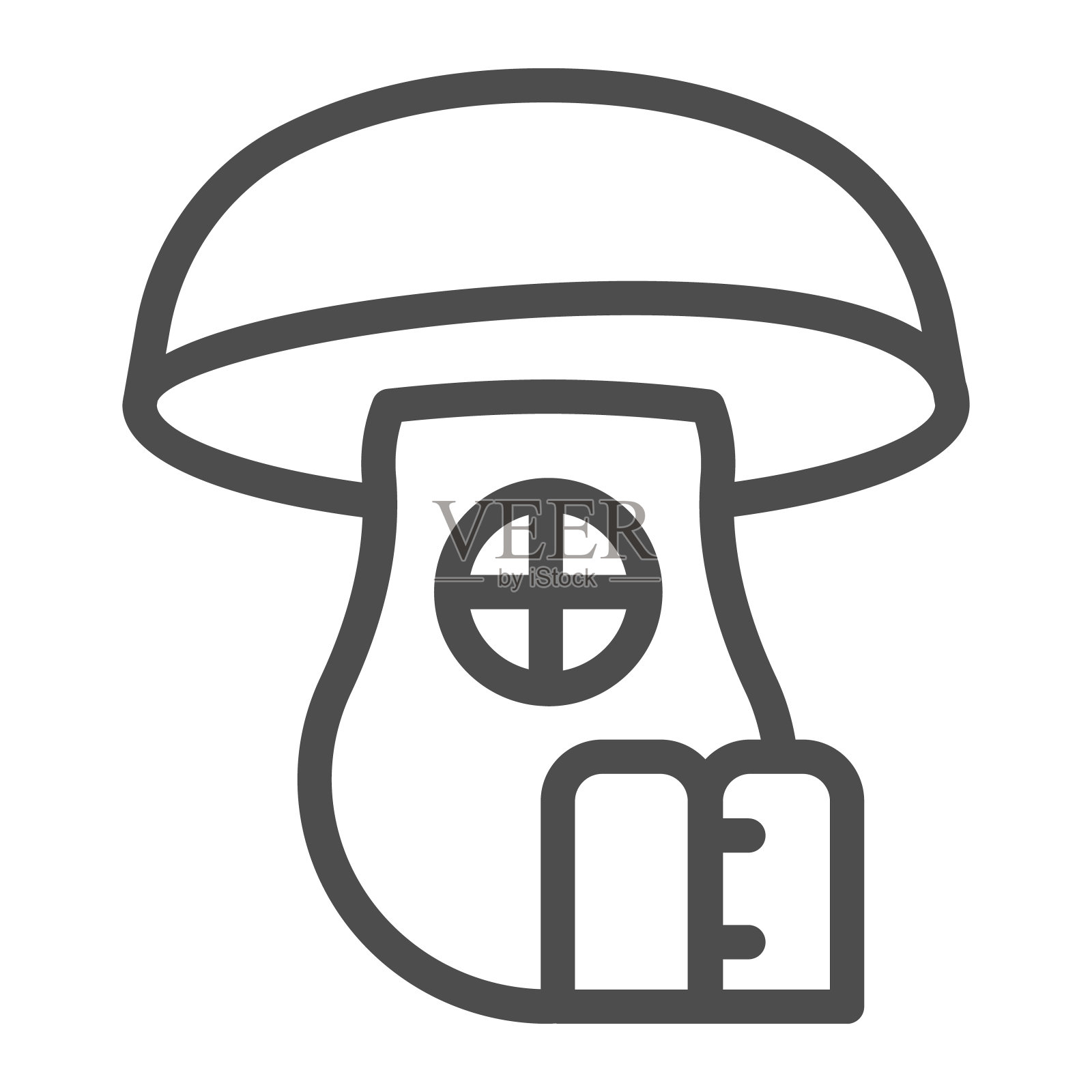 蘑菇房子线条图标，童话概念，以白色背景的蘑菇标志形式的霍比特人房子，童话家图标轮廓风格的移动和网页设计。矢量图形。插画图片素材