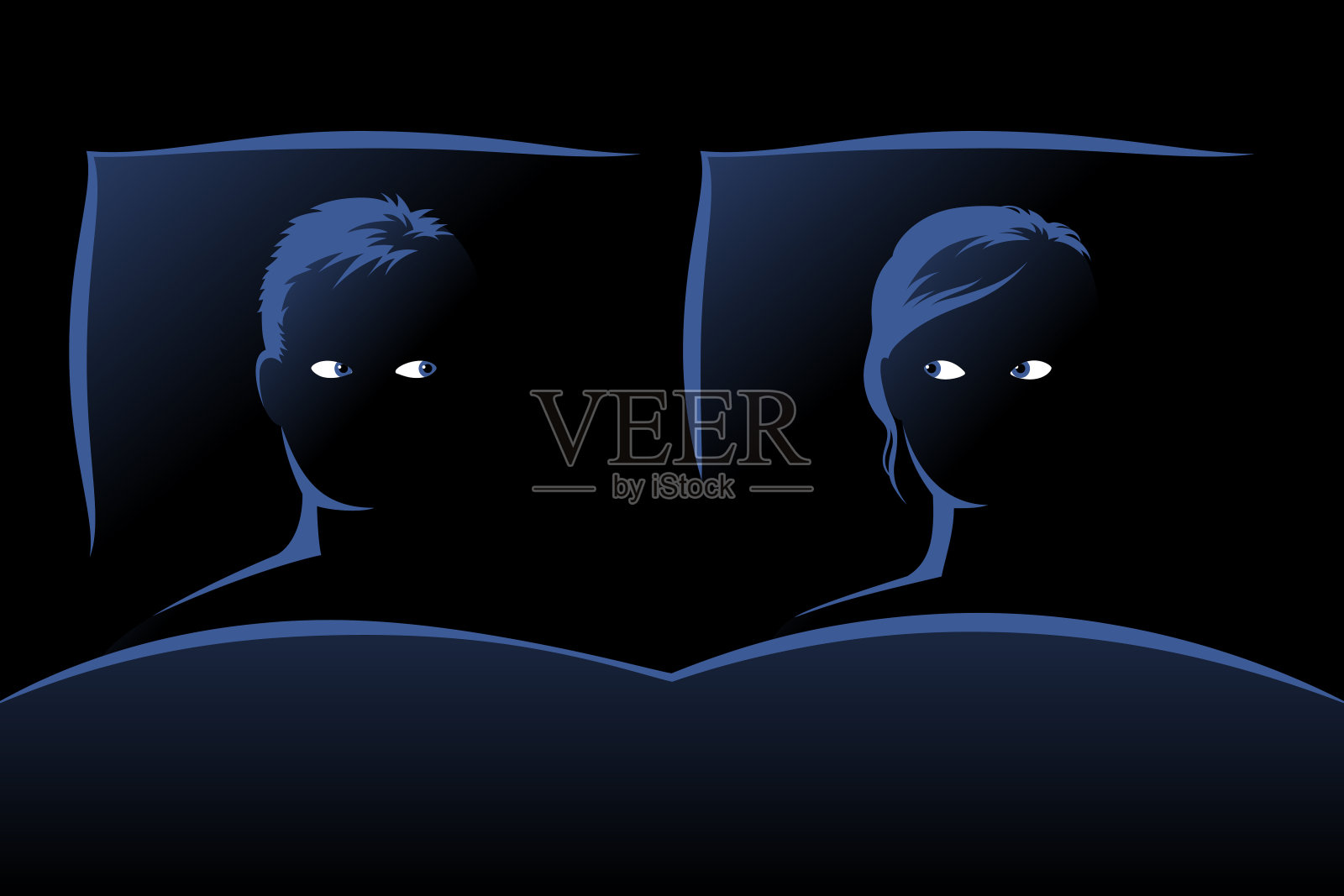 深夜，男人和女人躺在床上看着对方插画图片素材