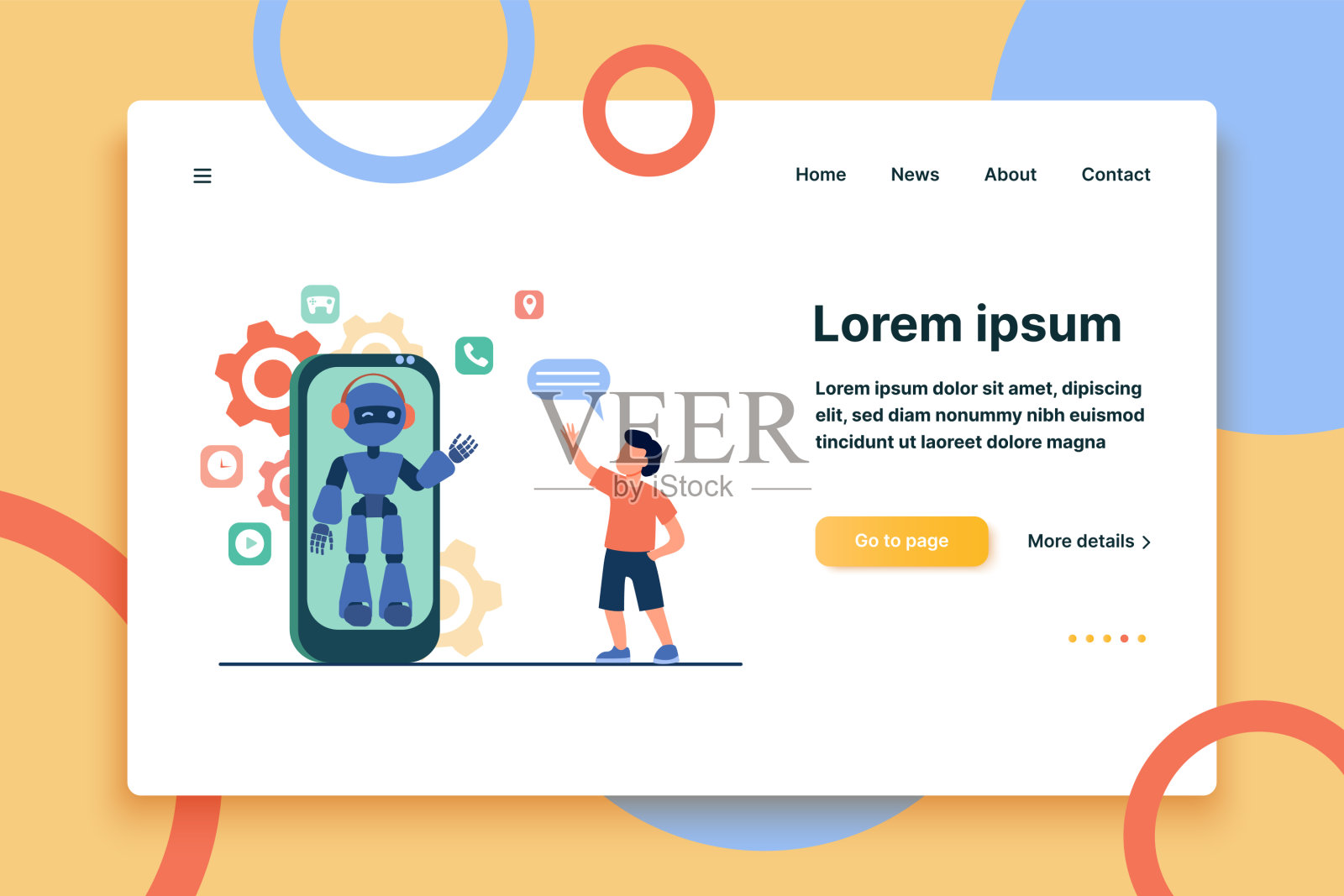 男孩在智能手机屏幕上向人形机器人打招呼插画图片素材