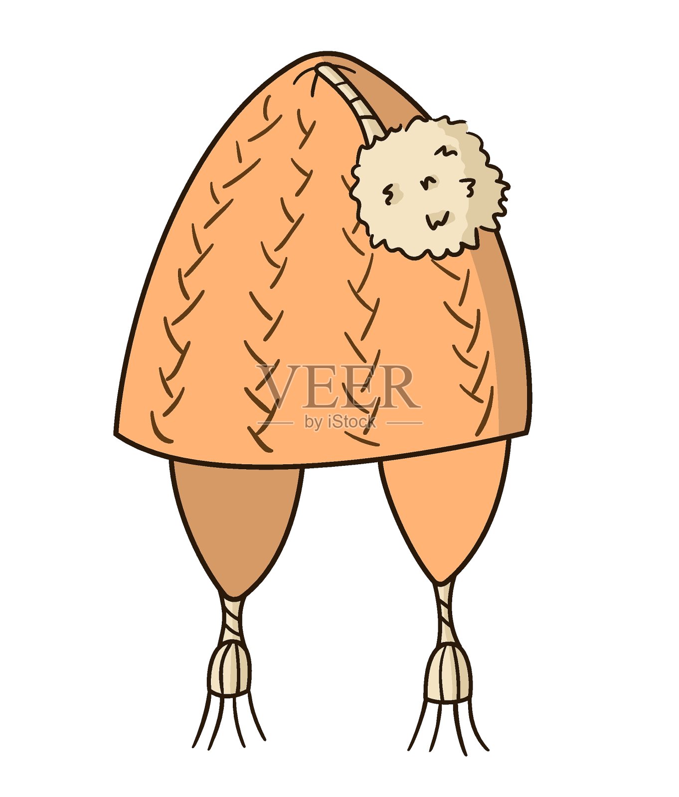 儿童或妇女的桃色帽子，有耳罩，系绳上有一个绒球和领带。手绘孤立的彩色插图与黑色的轮廓在白色的背景。插画图片素材