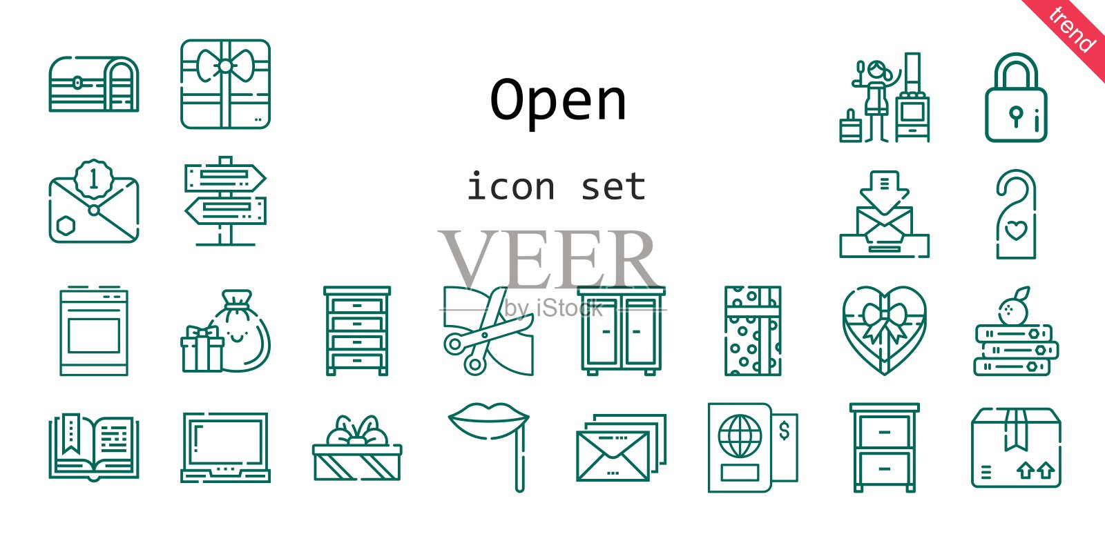 打开图标集。行图标风格。打开相关的图标，如礼物，箱子，包裹，烤箱，抽屉，笔记本电脑，门把手，剪刀，嘴唇，书，标志，打开的书，护照，炉子，锁，电子邮件，礼物，图标素材