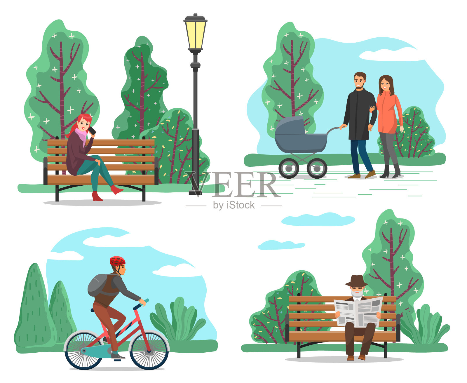 公园与自然，人们步行或骑自行车插画图片素材