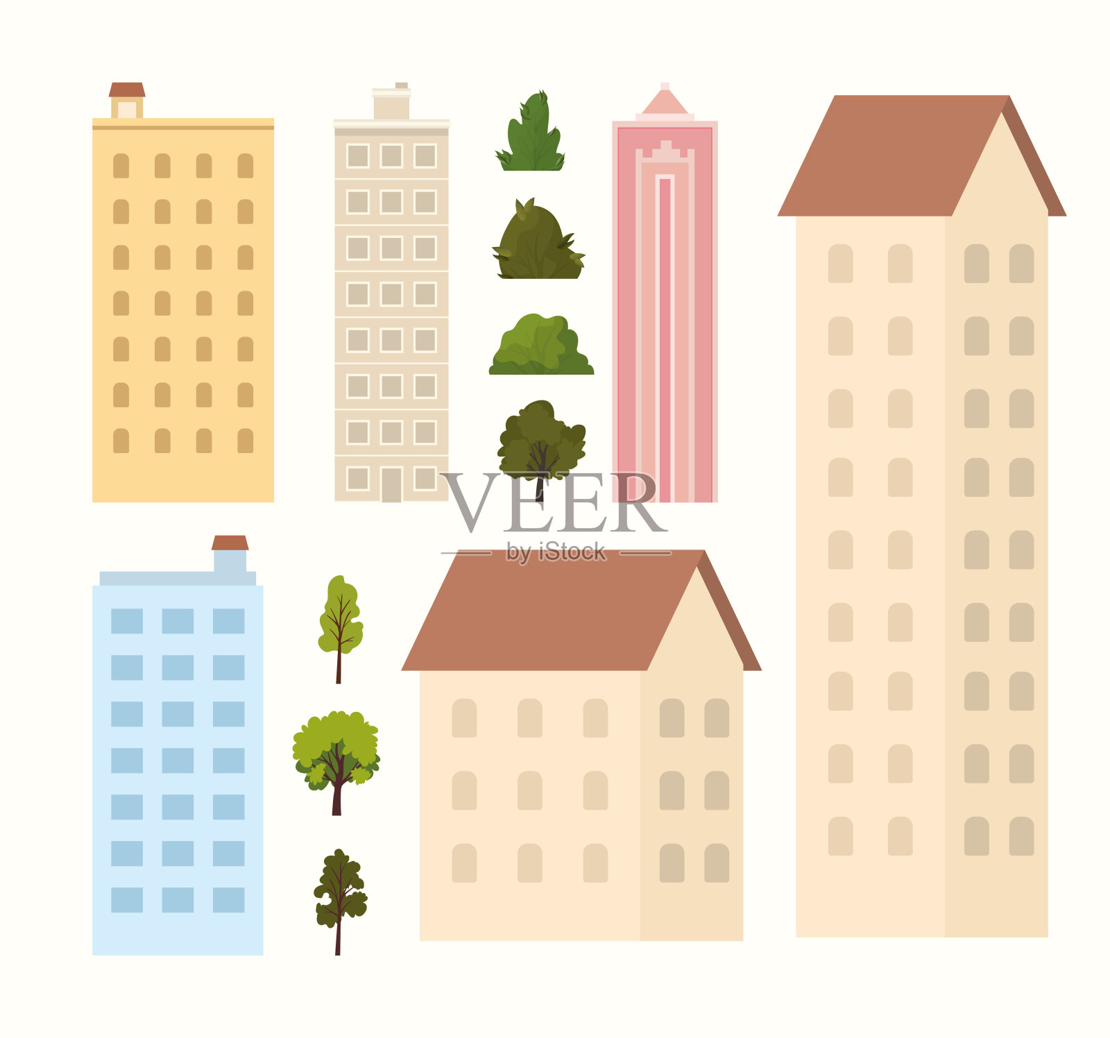 白色背景上的建筑物、树木和灌木丛插画图片素材