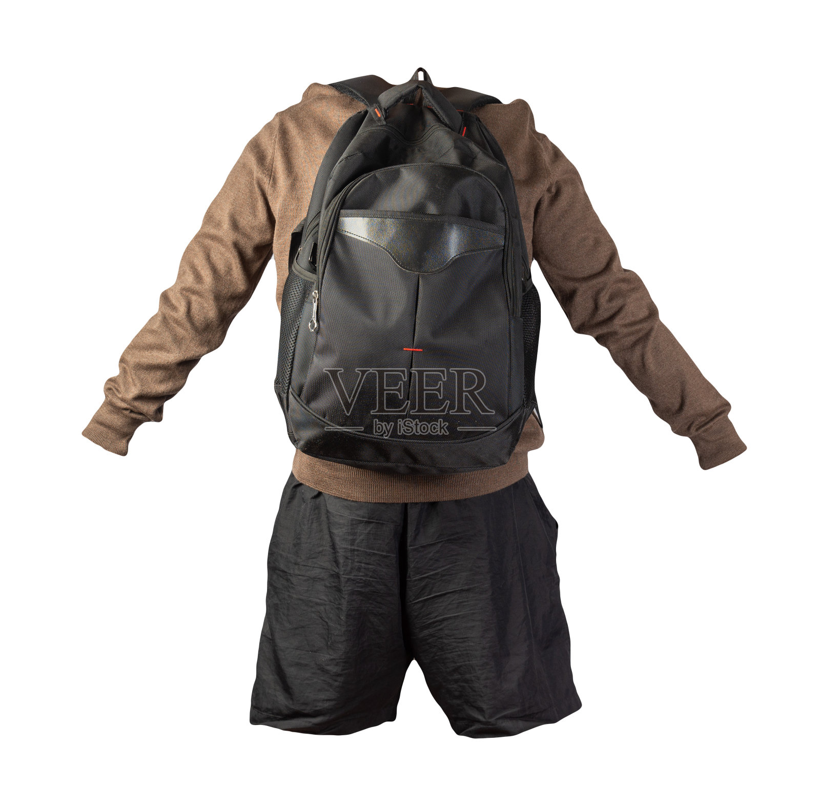 背包，短裤，毛衣孤立的白色背景。照片摄影图片