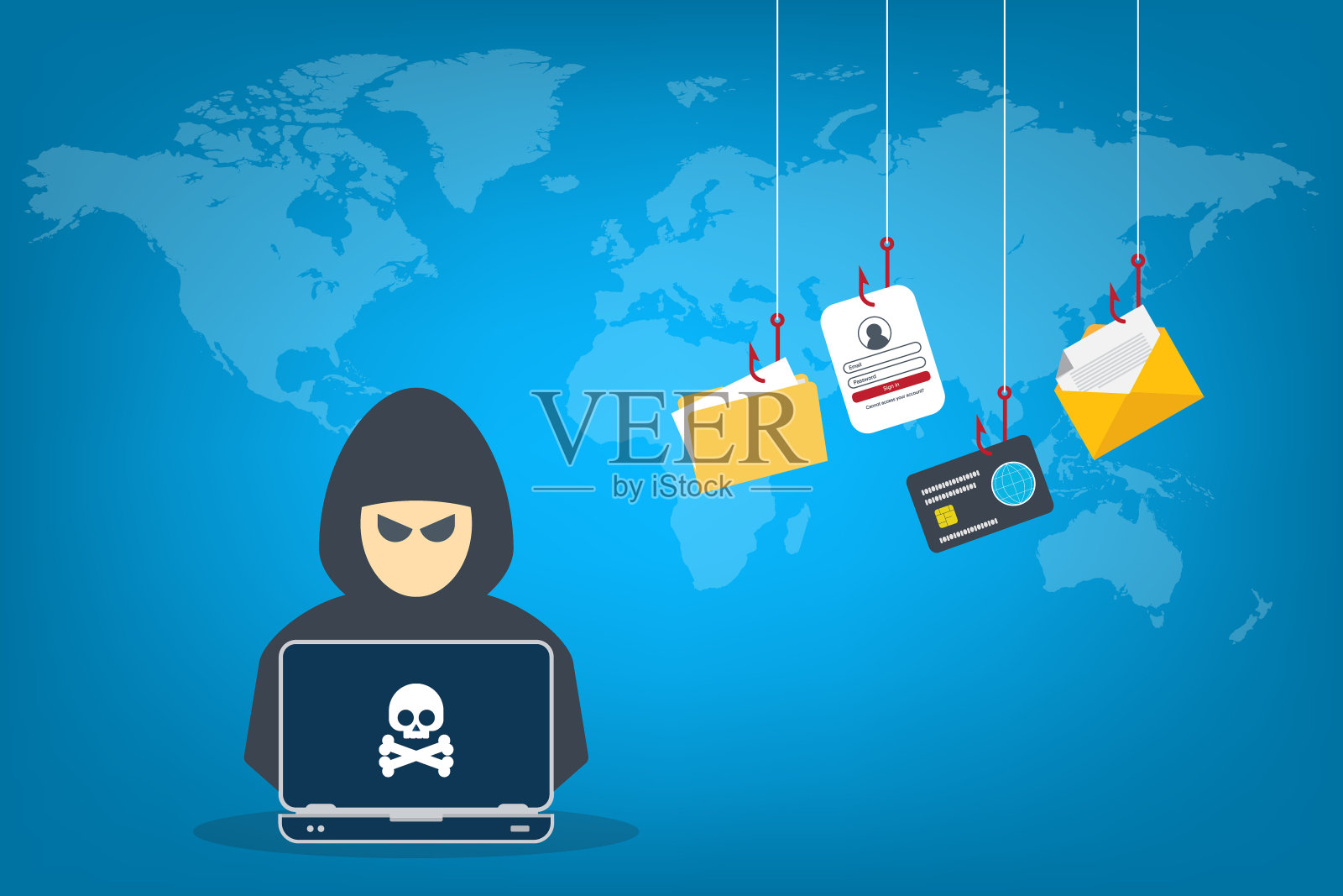 黑客用笔记本电脑窃取机密数据、个人信息和信用卡详情。黑客的概念。插画图片素材