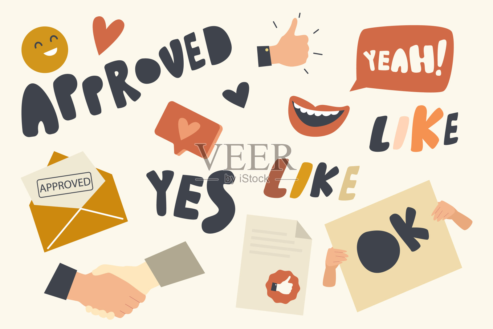 一套图标批准主题拇指向上手势，微笑的嘴和批准的文件在信封里，是的，是的，像，好插画图片素材