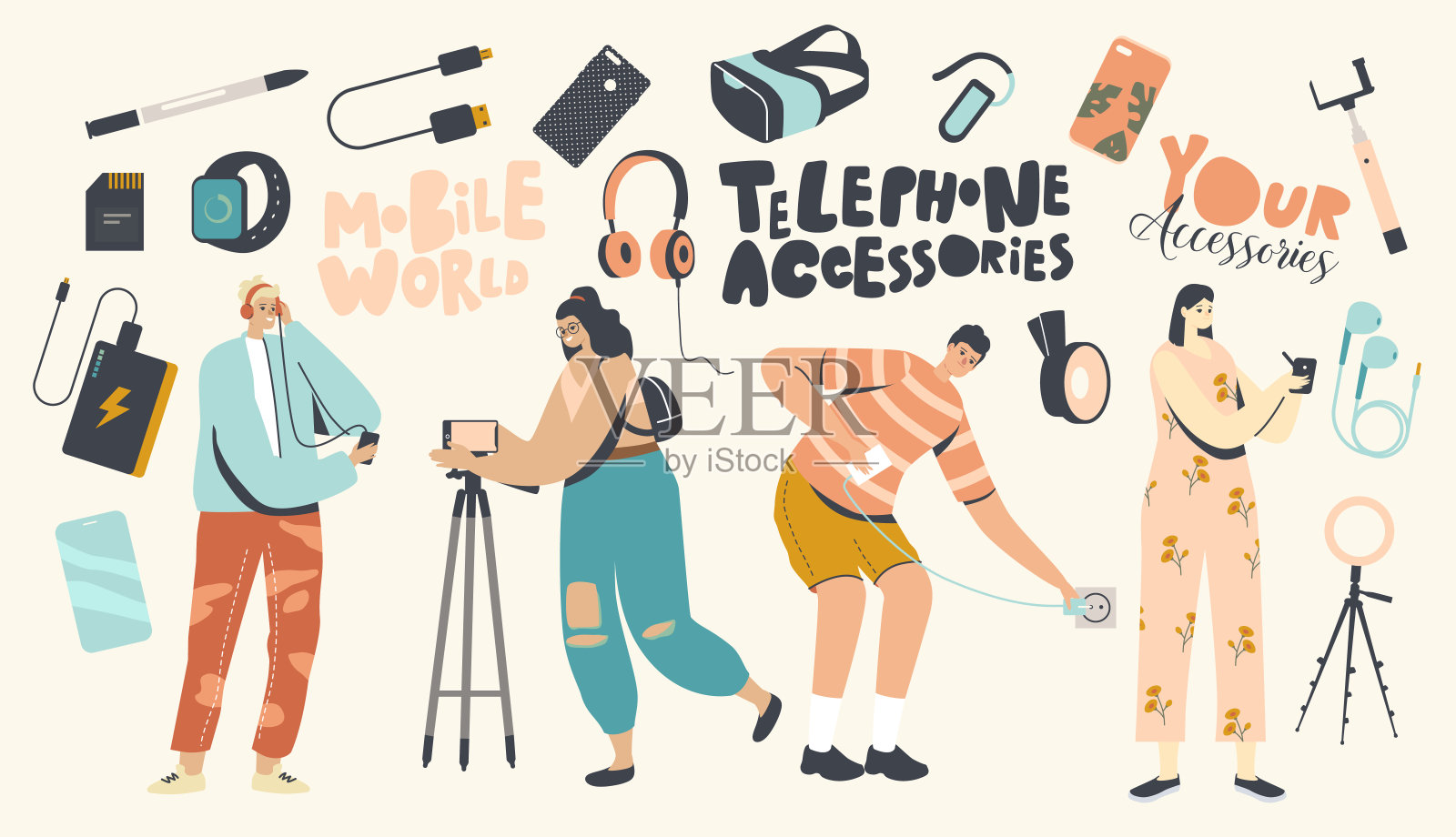 手机配件的概念。使用现代数字设备和小工具的年轻男性和女性角色。三脚架的人插画图片素材