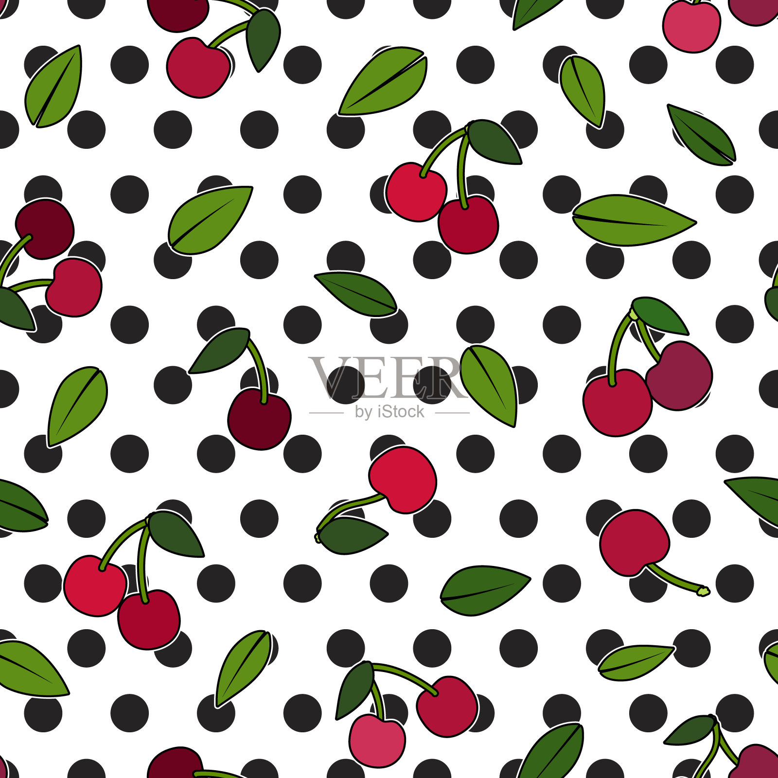 粉红色的樱桃和树叶，卡通插图与轮廓，在一个大的黑色波尔卡点，无缝模式插画图片素材