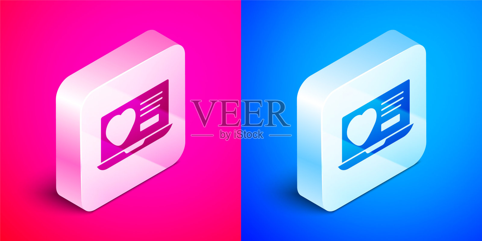 等距约会应用在线笔记本概念图标孤立在粉红色和蓝色的背景。女性男性轮廓平面设计。情侣匹配的关系。银广场按钮。向量图标素材