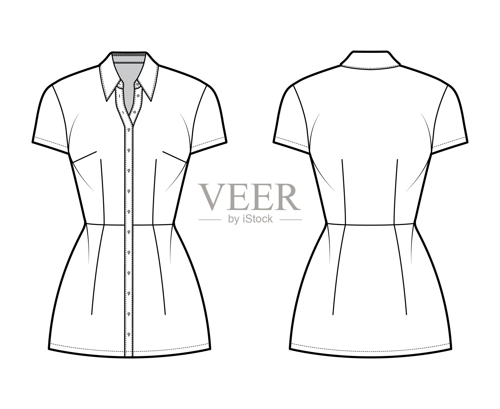 衬衫裙配以经典领口的技术时尚插图，迷你裙长，合身的身体，铅笔丰满，纽扣扣上插画图片素材