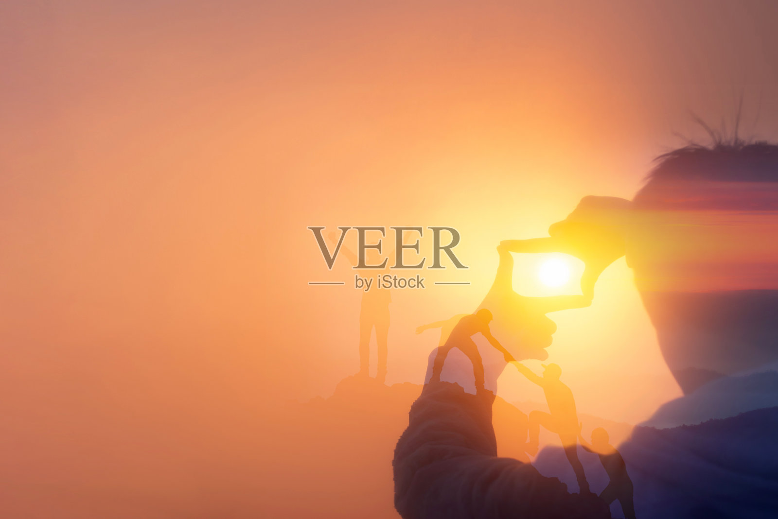 双重曝光男人专注于一个主题和一个图片的人作为一个团队工作，商业理念。照片摄影图片