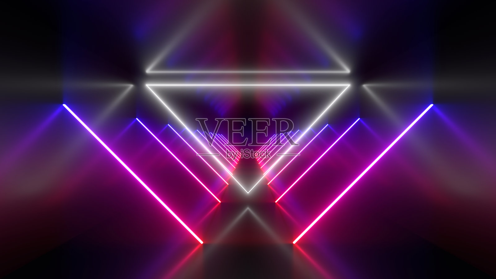 黑暗隧道里的霓虹灯。地板上和墙上的倒影。3 d渲染图像。照片摄影图片