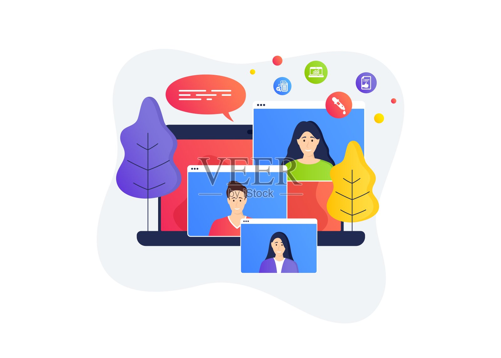 在线统计，账单会计和化学移液管图标设置。批准文件签署。向量插画图片素材