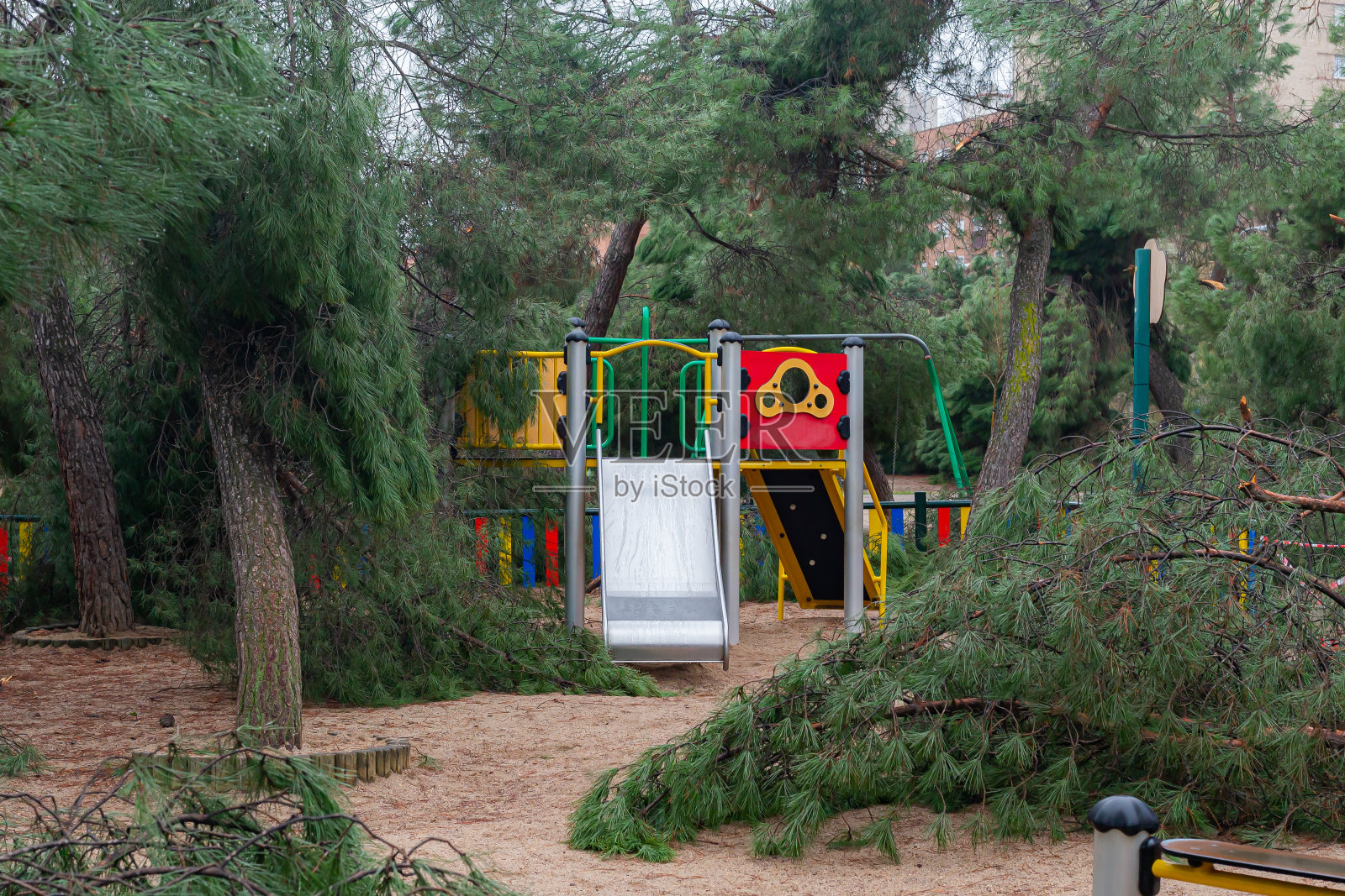 西班牙马德里——2021年1月28日:菲洛梅娜风暴过后，马德里的儿童游乐场被折下来的树枝覆盖。有角的森林。破碎的树木。照片摄影图片