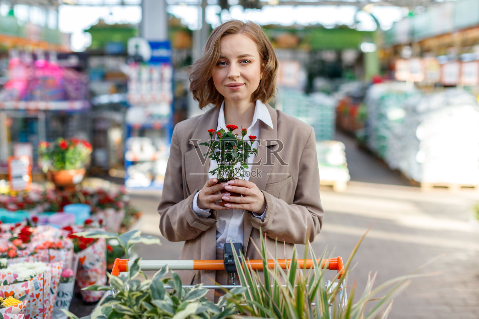 一个女人推着购物车为她的家挑选鲜花照片摄影图片
