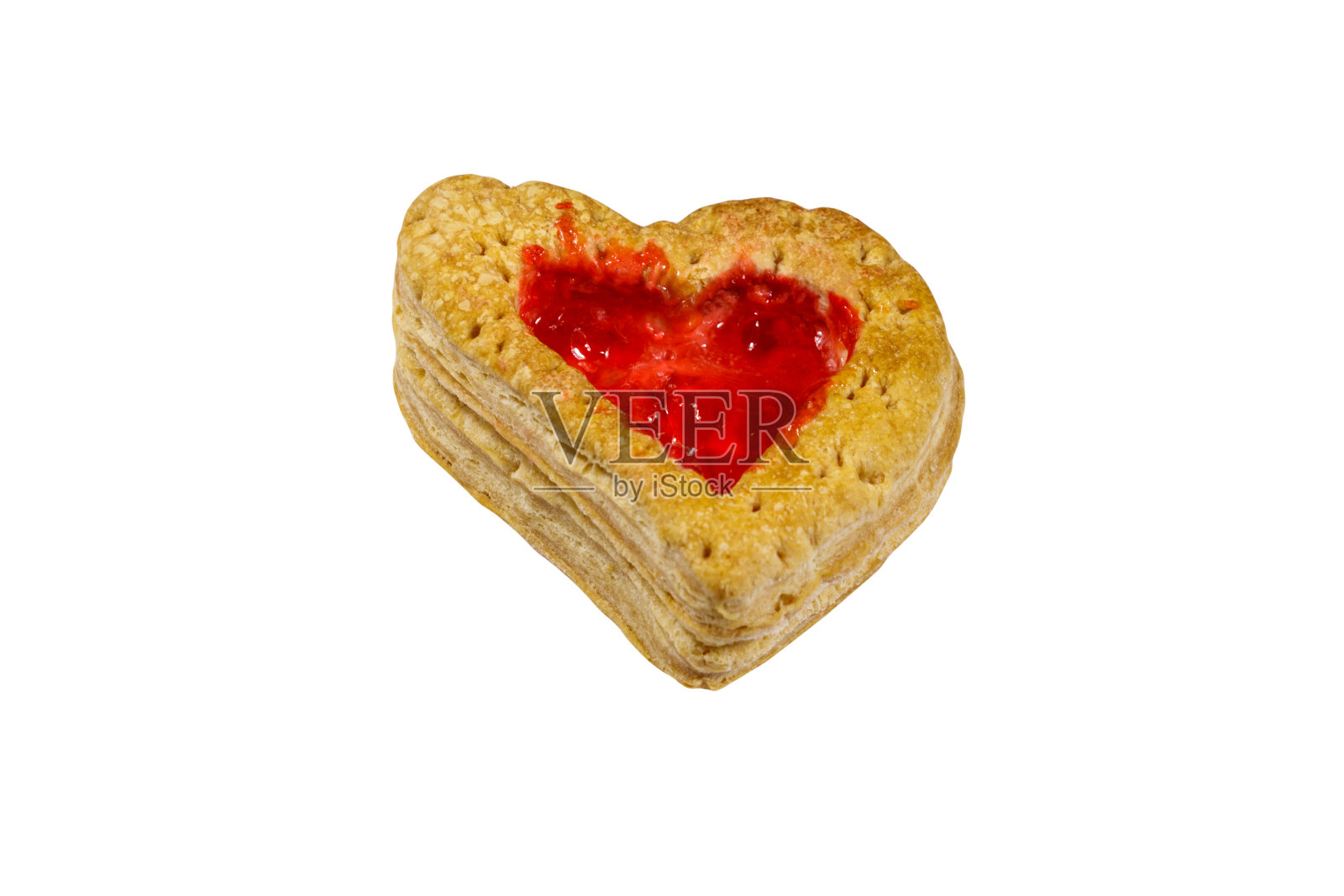 白色背景上有果酱的心型松饼。情人节甜点照片摄影图片