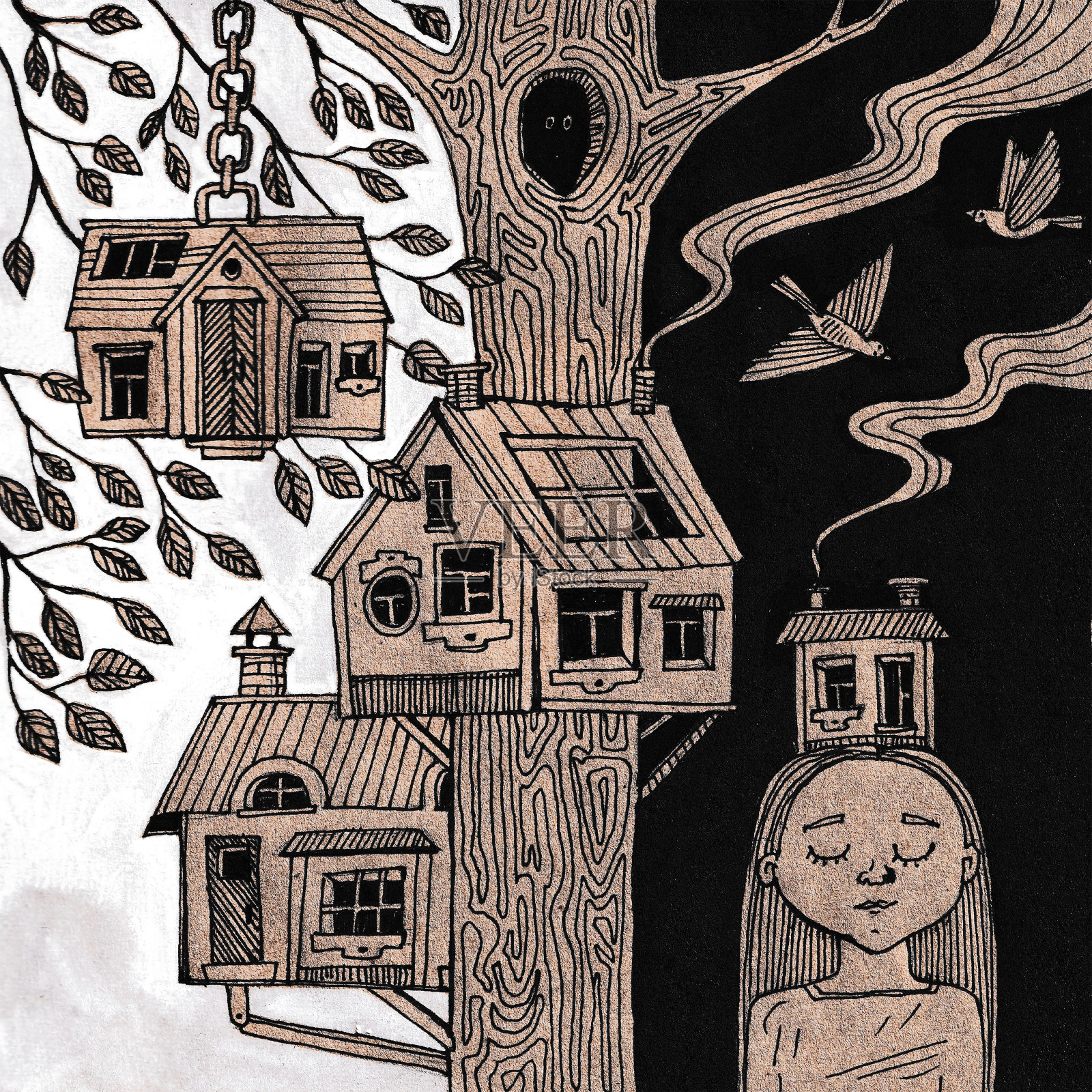 一棵树和许多鸟屋，一幅日夜都有房子的插图插画图片素材