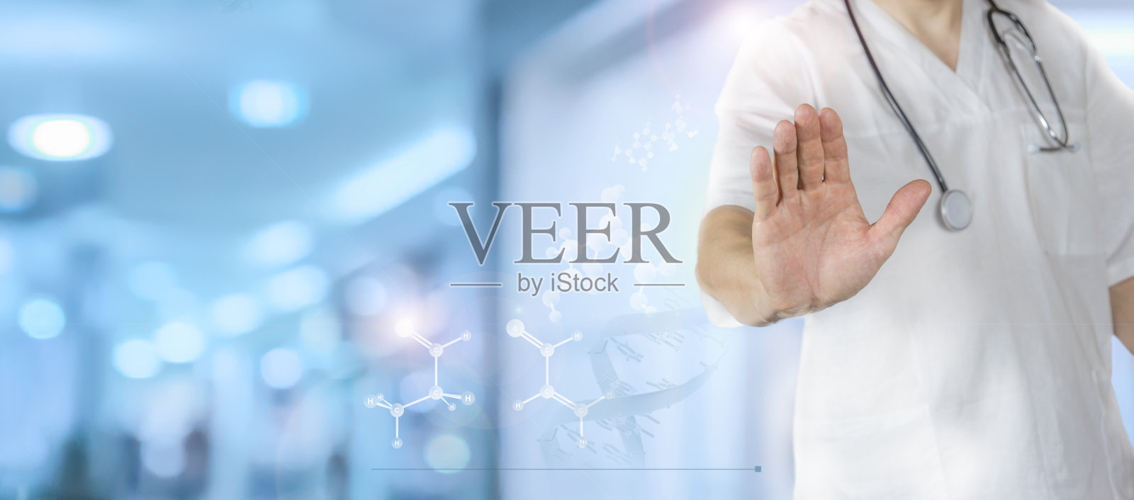 医生做了一个停止的手势。DNA。数字医疗、现代虚拟屏幕界面、医疗技术和网络概念。照片摄影图片