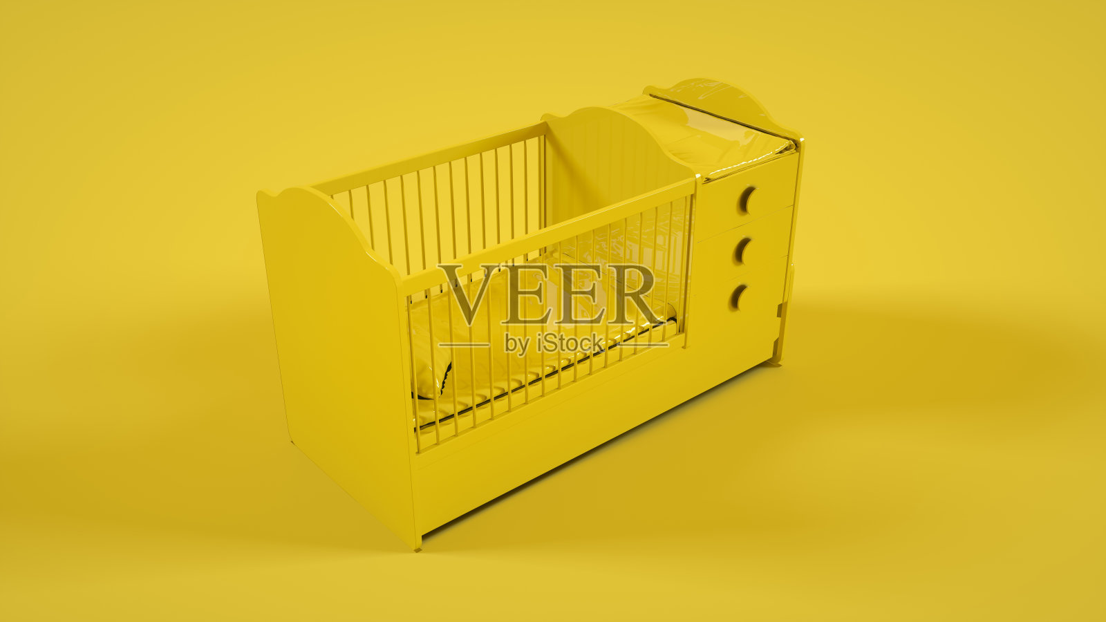 婴儿床孤立在黄色背景。三维演示照片摄影图片