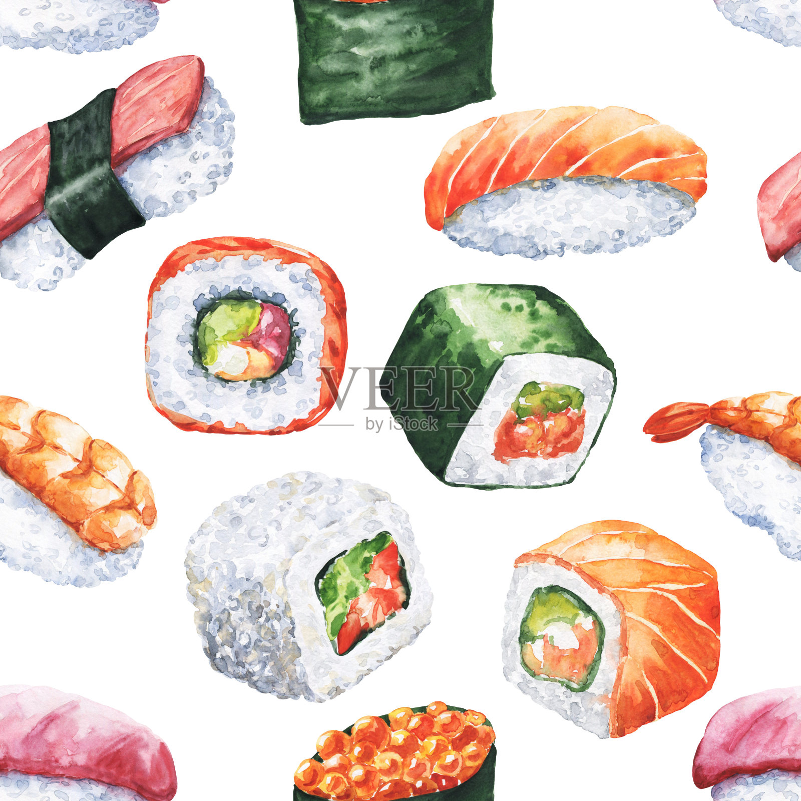 水彩寿司无缝图案，水彩食物重复背景。插画图片素材