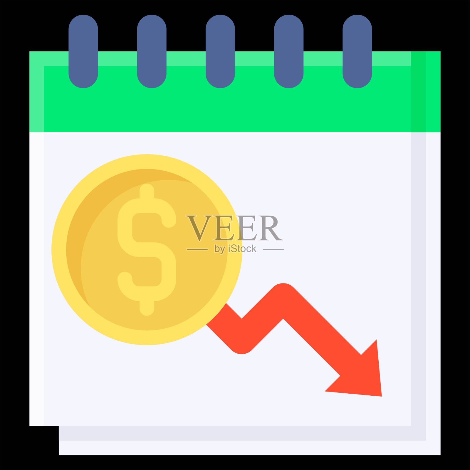 日历与硬币和减少箭头图标，破产相关向量图标素材
