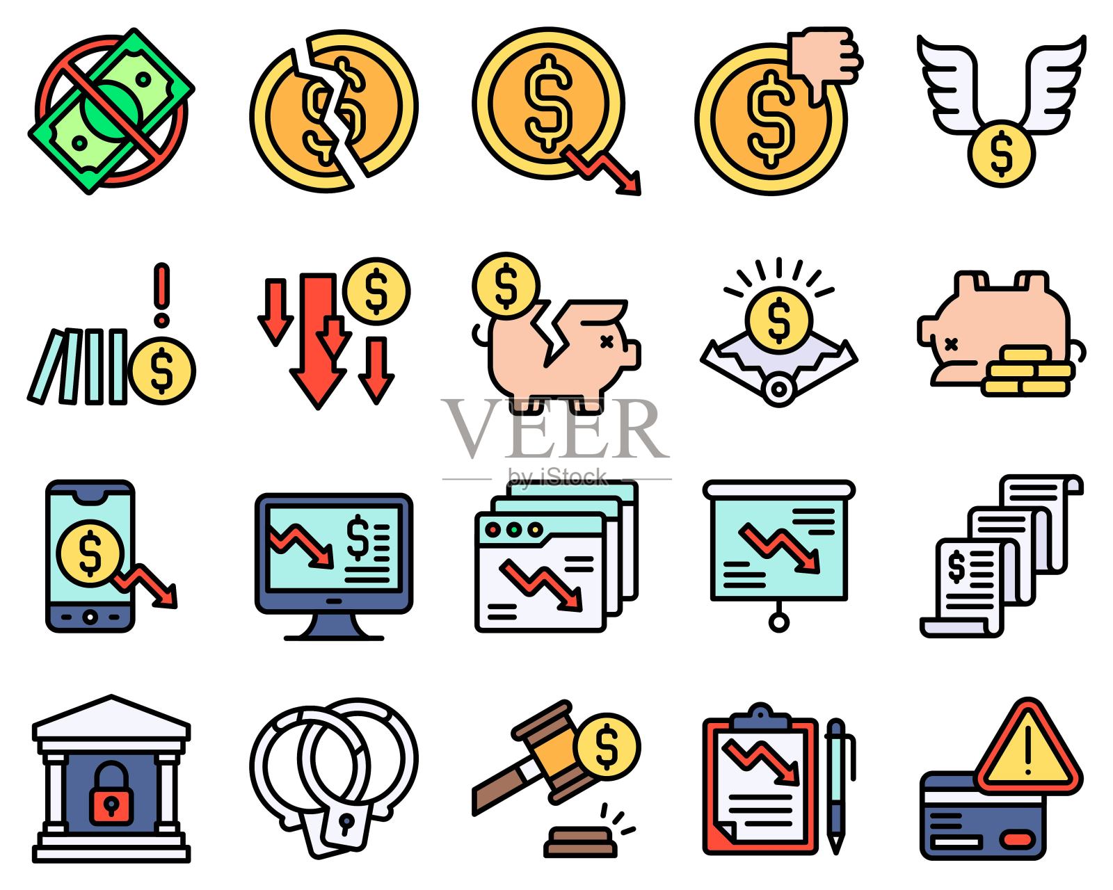 破产相关矢量图标设置2，填充样式图标素材