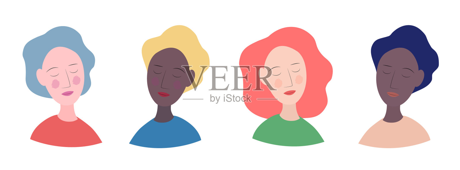 微笑快乐的妇女权利活动家的平面插图设计。快乐多民族多元化的女性主义概念肖像。女学生联谊会。非裔美国白人女性。姐妹关系。图标设置年轻成人的脸内容闭上眼睛梦想插画图片素材