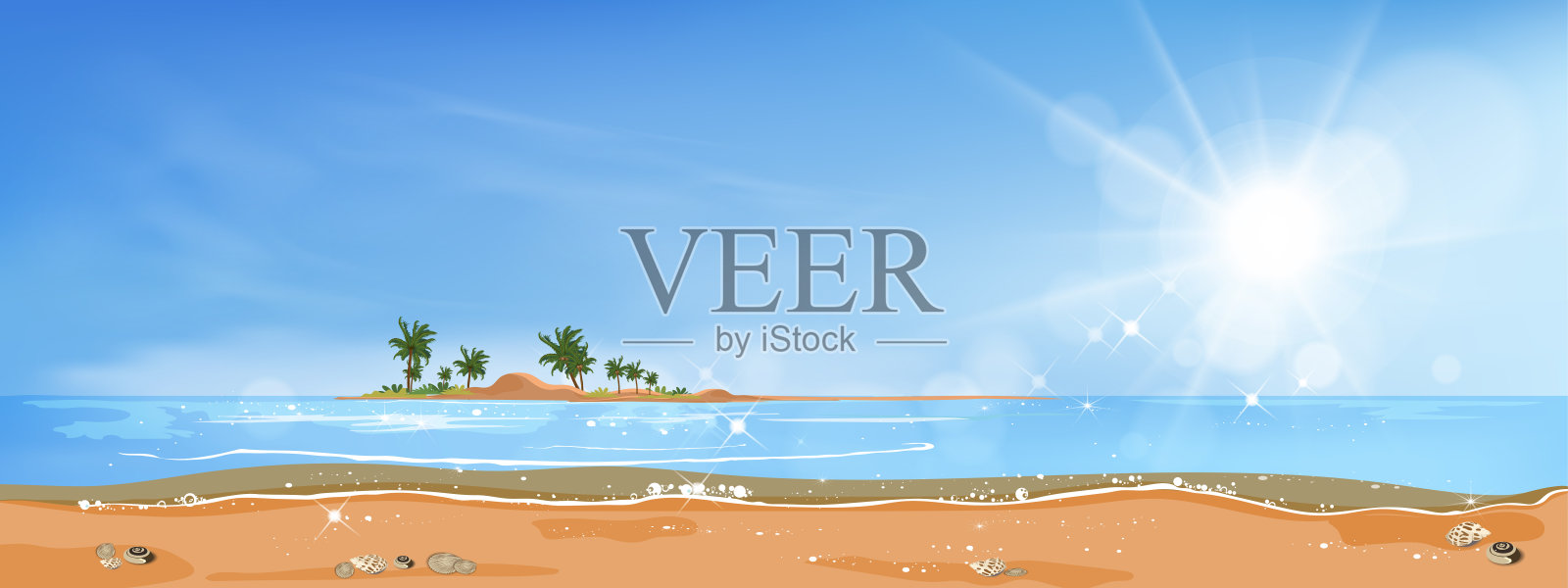 热带海洋和岛上的椰子树全景，全景海滩和沙滩与蓝天，矢量插图平面风格的自然景观海滨暑假插画图片素材