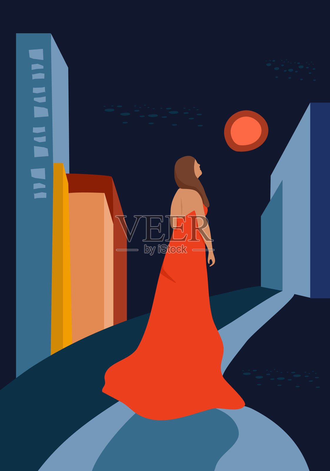 中世纪艺术海报。在大都市穿着长裙的年轻女子。有摩天大楼的百老汇大街。抽象的城市景观。当代手绘插图。插画图片素材