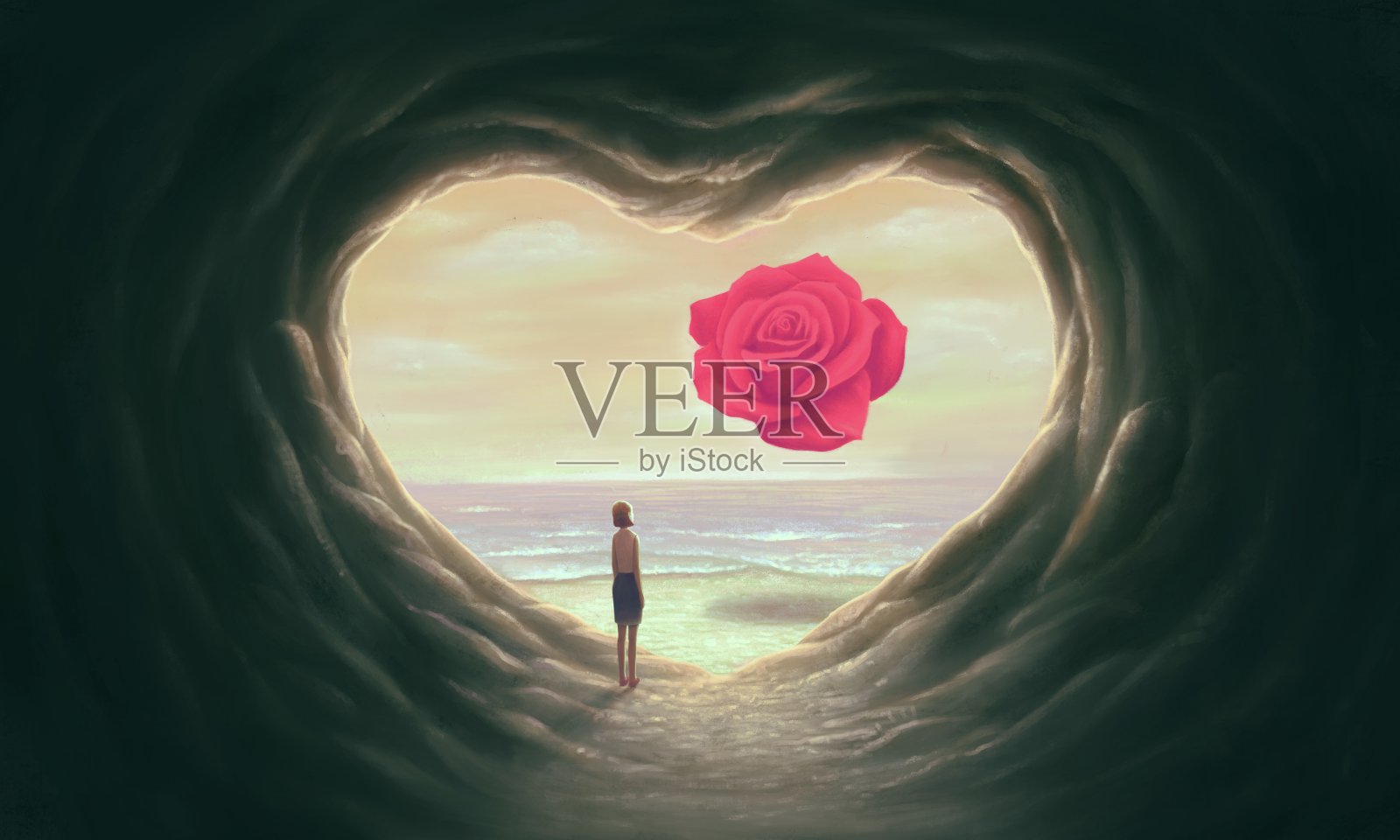 爱情概念艺术，女人与漂浮的红玫瑰在心洞和大海，超现实的风景插画图片素材