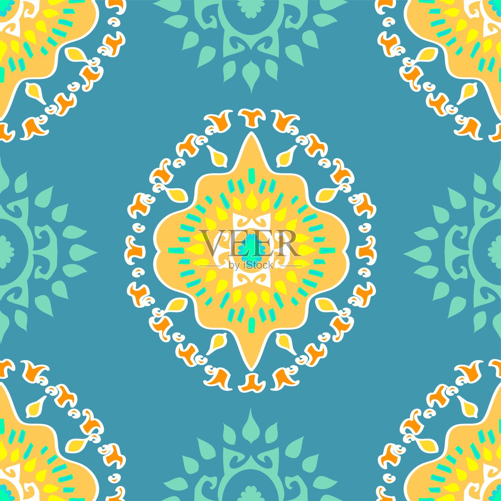 几何抽象详细的蓝色和黄色图案插画图片素材