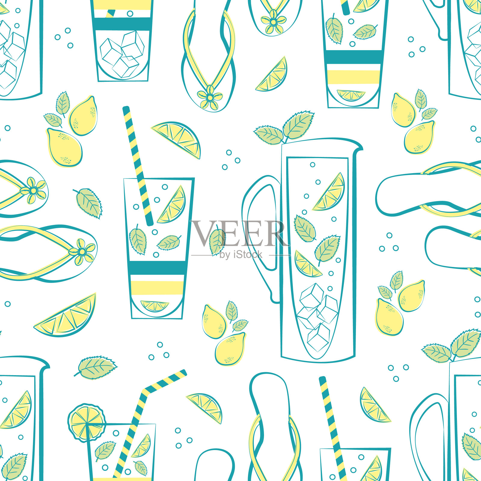 薄荷柠檬水壶，玻璃，翻转翻转矢量无缝模式背景。蓝色，黄色，绿色，白色的背景与水壶，饮料杯，柑橘类水果，薄荷叶，凉鞋。在海滩派对上重复插画图片素材