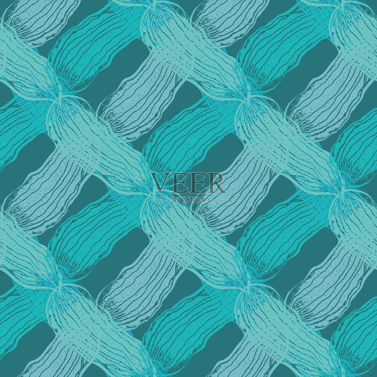 矢量编织效果锦缎编织无缝交织图案背景。背景与编织的纱线辫子股。水蓝几何巴洛克格子与混合层。对角交叉重复。插画图片素材