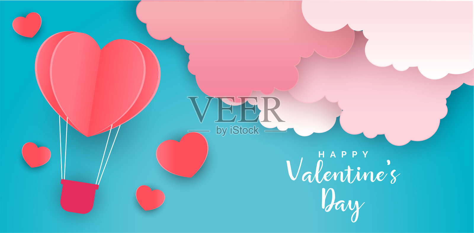 情人节销售背景与心气球和云彩。剪纸的风格。可用于墙纸，传单，邀请，海报，宣传册，横幅。矢量插图。插画图片素材