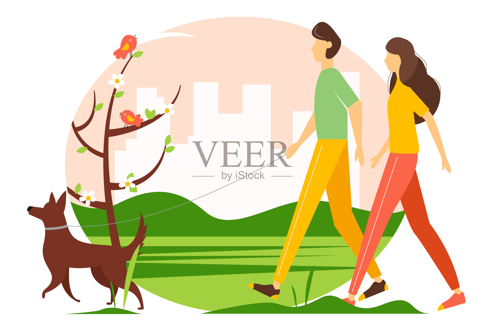 女人和男人在公园遛狗。积极的生活方式，户外娱乐的概念。扁平风格的春季插画。插画图片素材