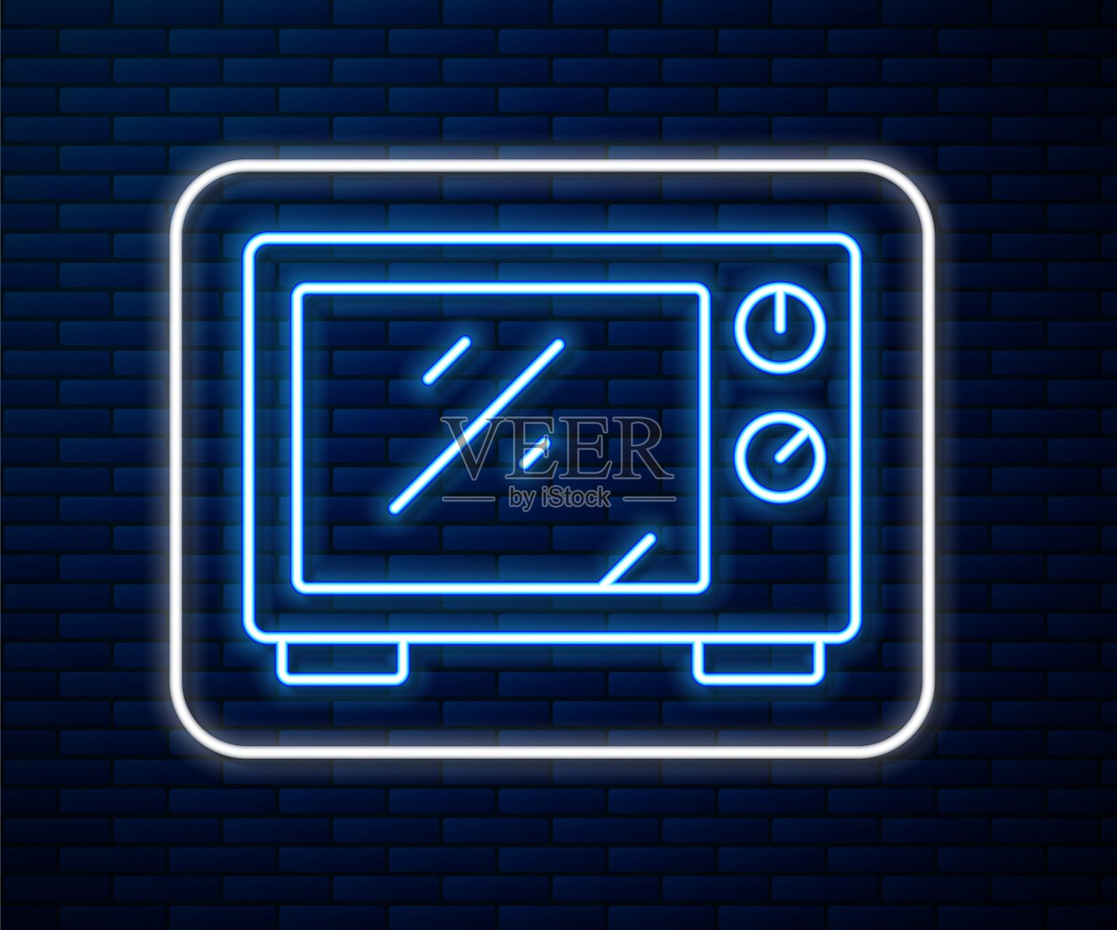 发光的霓虹灯线微波炉图标孤立的砖墙背景。家用电器图标。向量插画图片素材