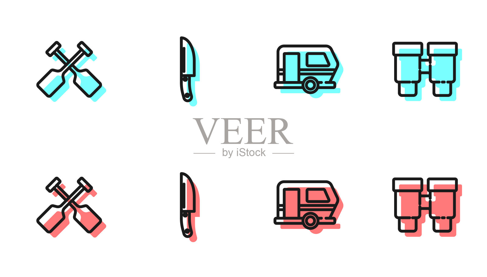 设置线房车露营拖车，桨，刀和双筒望远镜的图标。向量插画图片素材