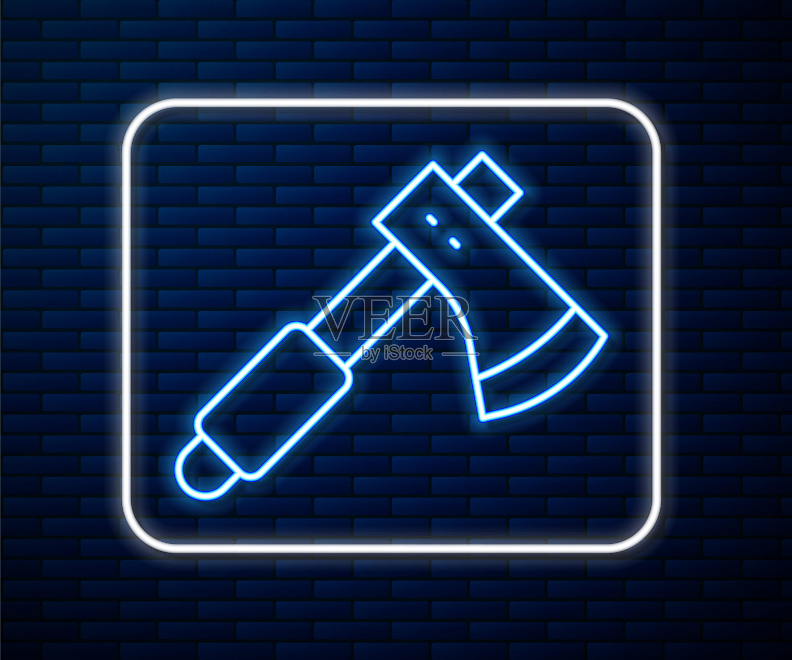 发光的霓虹灯线木斧图标孤立在砖墙背景。伐木工人斧头。向量图标素材