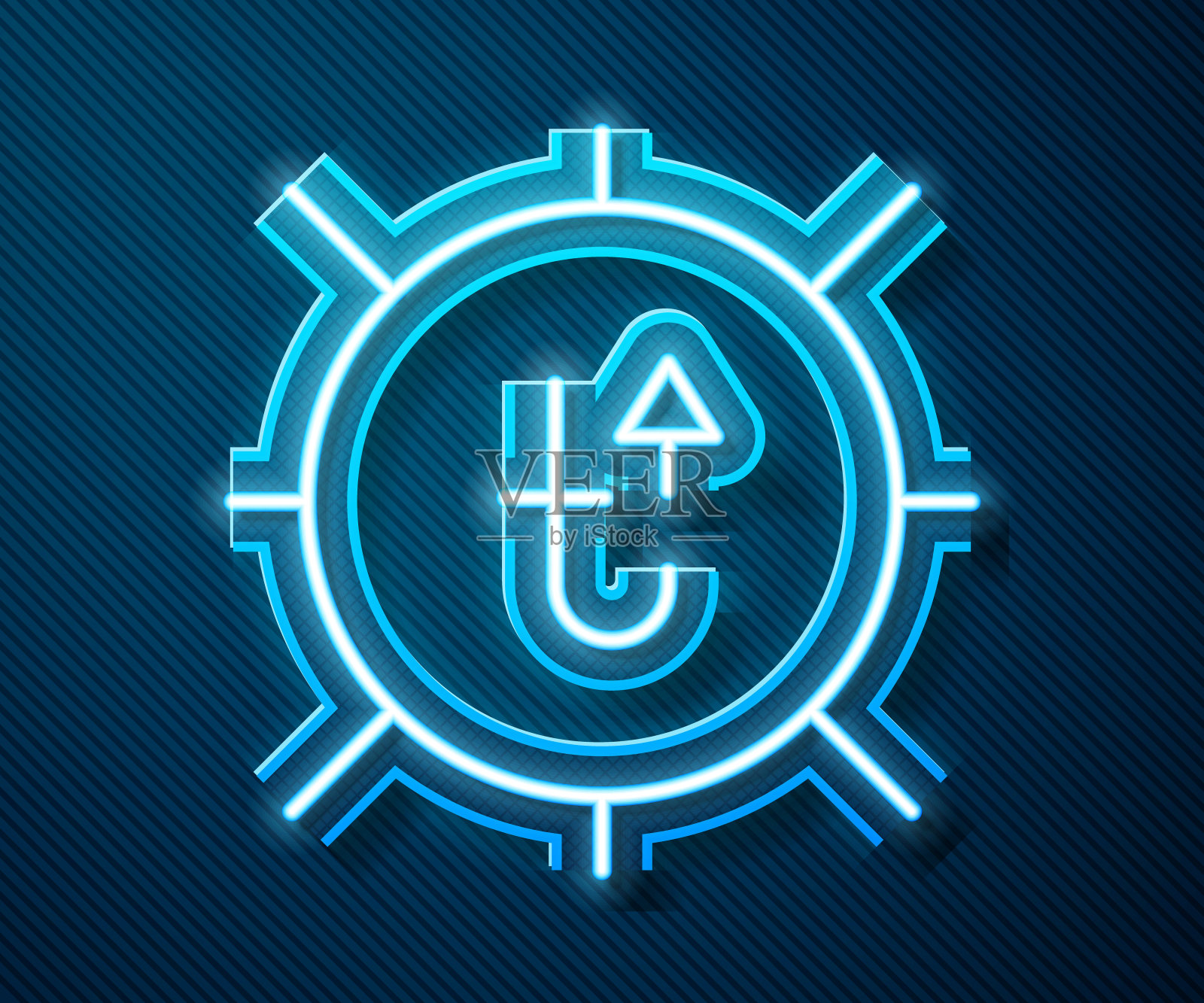 发光的霓虹灯线太阳图标孤立在蓝色的背景。夏天的象征。好晴天。向量设计元素图片