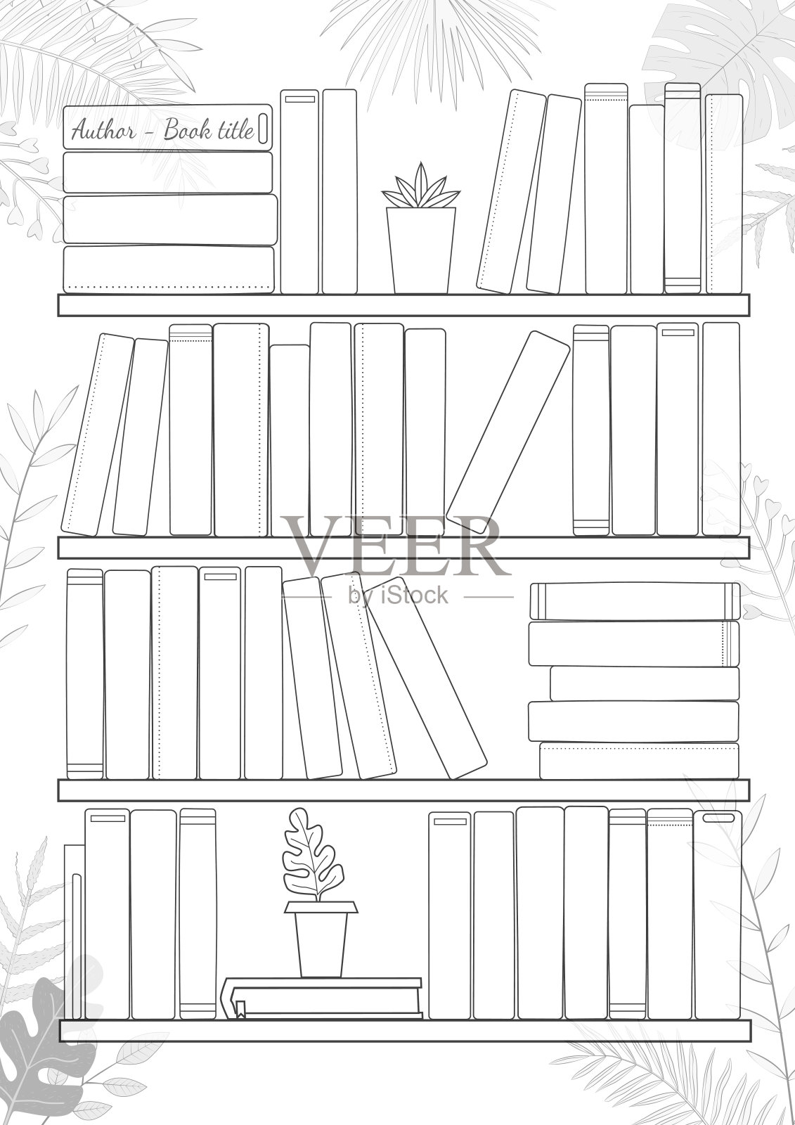 可打印的A4纸与书架和书籍的背景与热带树叶。插画图片素材