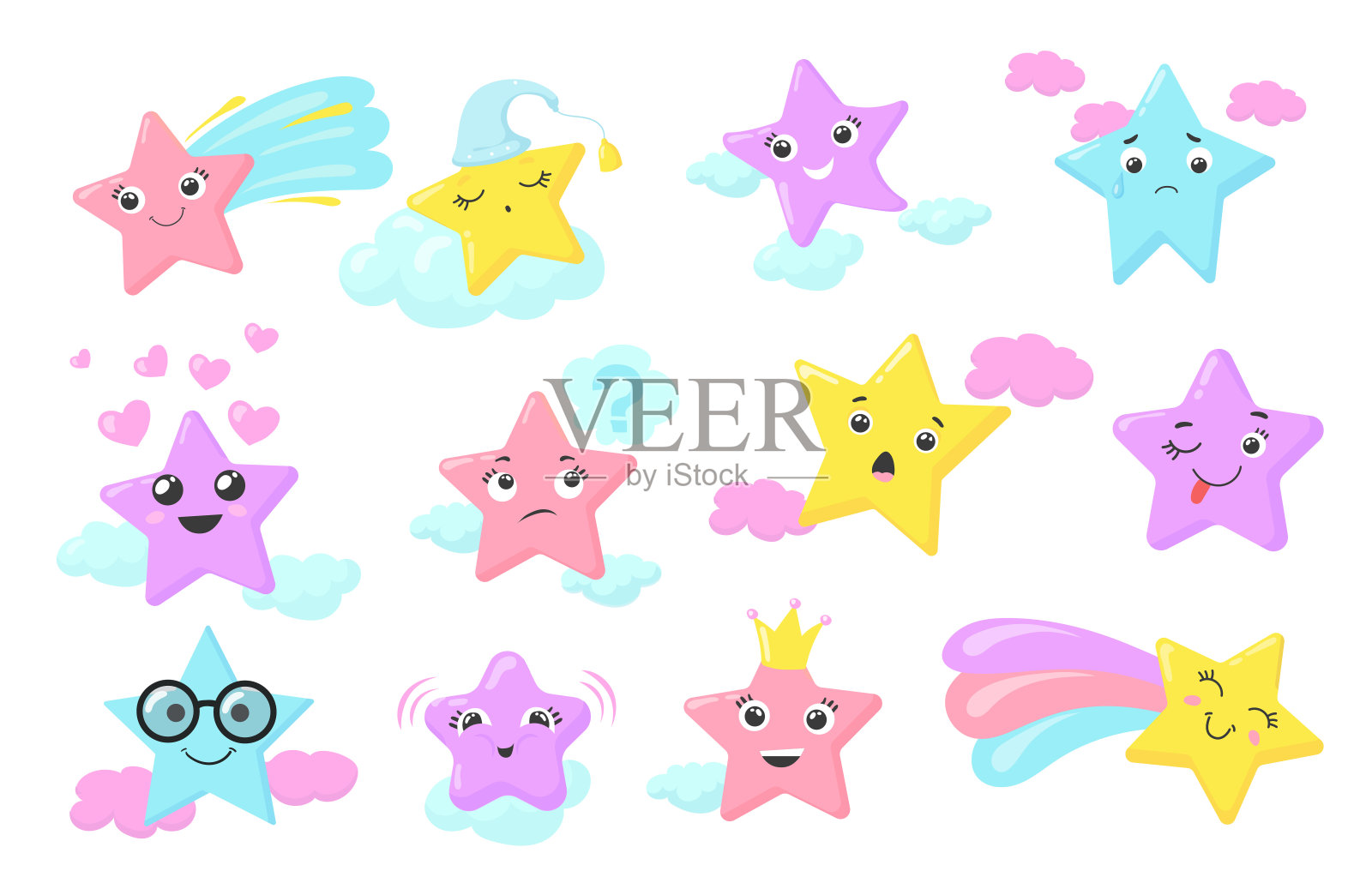 彩色可爱的明星在不同的姿态平面插图集插画图片素材