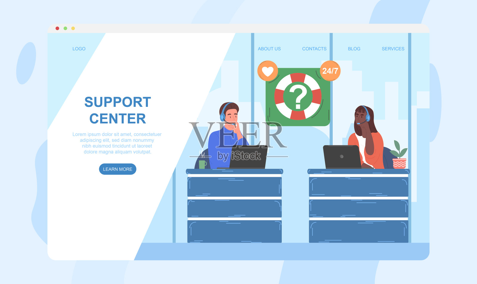 男性和女性角色都在支持中心工作。插画图片素材