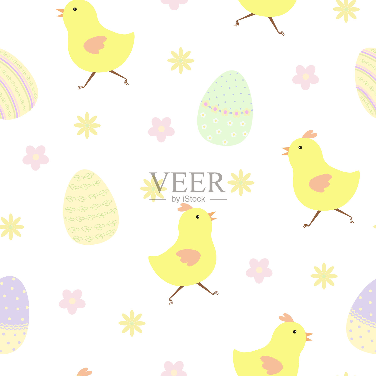 复活节节日标志彩色装饰蛋在柔和的色调，鸡，花卉无缝图案，平面风格矢量插图为春天的节日装饰，卡片，礼品纸，横幅，网页设计插画图片素材