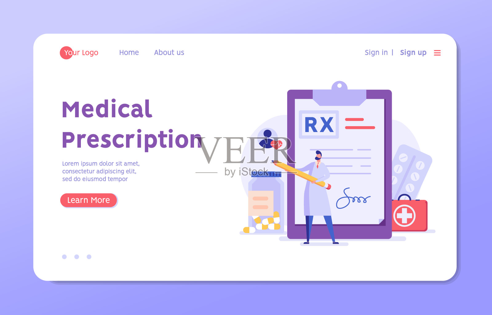 医生写的签名。Rx医疗处方。医药概念、医疗保健、网上处方、疾病治疗药、止痛药。矢量插图在平面设计插画图片素材