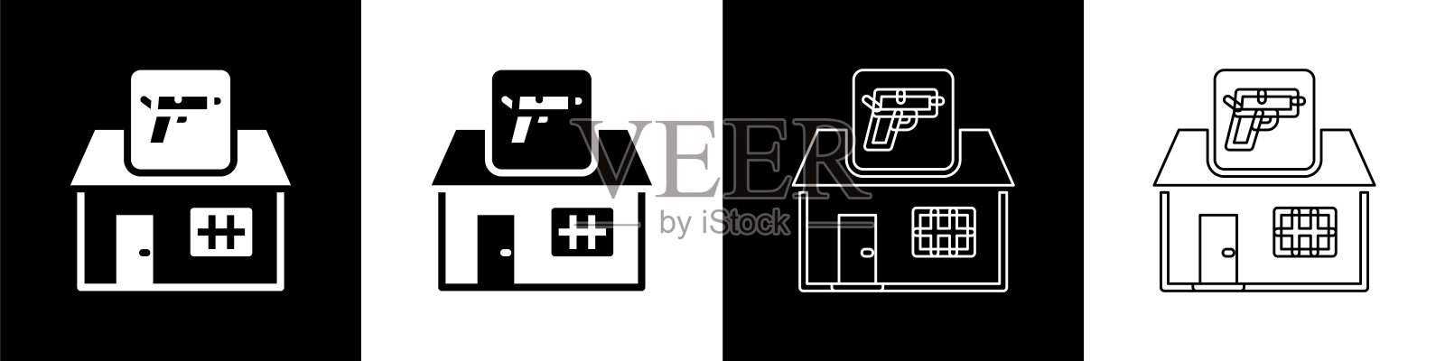 设置狩猎商店与步枪和枪支武器图标隔离在黑白背景。有武器装备的超市或商店。向量图标素材